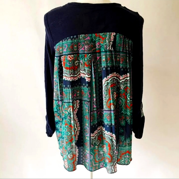 Anthropologie Navy Blue Paisley Flowy Long Sleeve Hi Lo Top Shirt Blouse Tunic - Picture 2 of 14